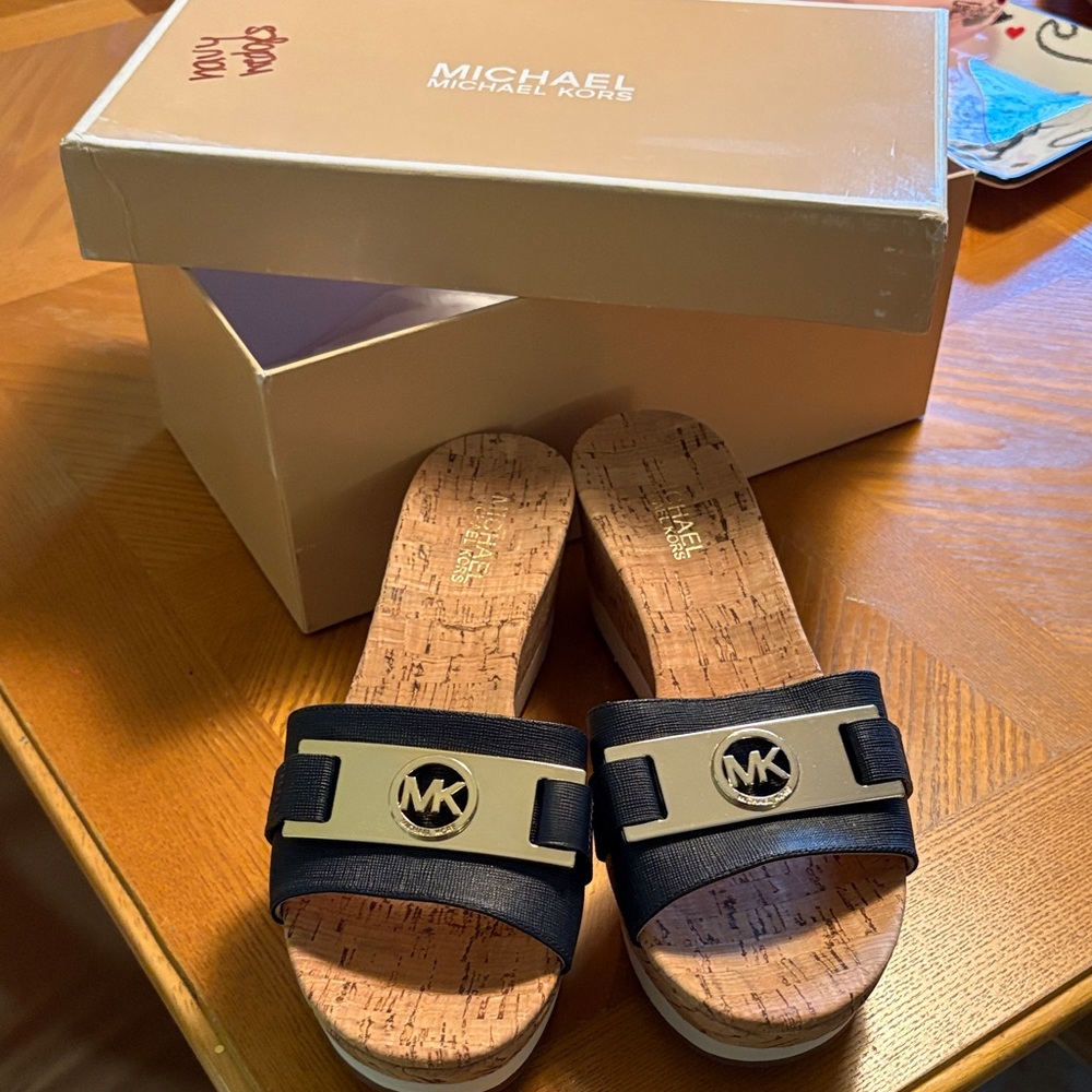 Michael Kors Navy and Brown Cork Wedges